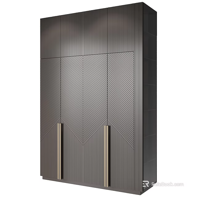 Modern Dark Wardrobe With Herringbone Pattern Doors And Brass Handles Design 3d model 