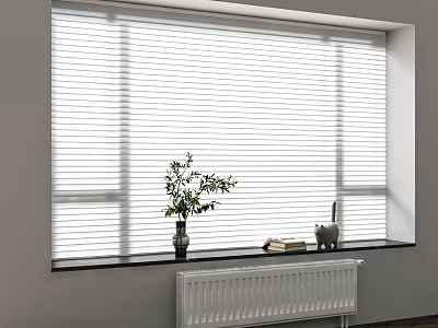 White Blinds Covering Window With Green Plant Books And Small Decor 3d model