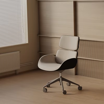 Beige And Black Office Chair With Sleek Backrest Design And Wheels In Modern Interior Space 3d model