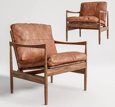 Modern Brown Leather Single Sofa With Wooden Frame And Comfortable Seat Design 3d model