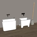 Modern Bathroom Set With White Square Wall Mounted Sinks And Wooden Floor