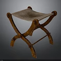 Vintage Rustic Stool with Crossed Metal Frame and Leather Seat Surface