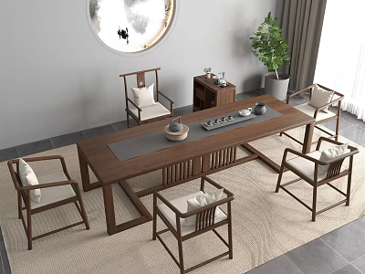 Wooden Chinese Tea Table and Chairs with Round Decorative Painting Green Plant Tea Set 3d model
