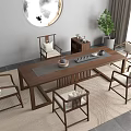 Wooden Chinese Tea Table and Chairs with Round Decorative Painting Green Plant Tea Set