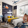 Space Themed Kids Bedroom Interior With Astronaut Spaceship Mural Moon Decor And Yellow Pillows