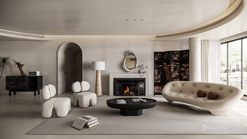 Elegant Modern Living Dining Room Interior With Beige Sofa Fireplace Round Coffee Table And Archway 3d model 