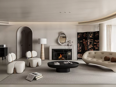 Elegant Modern Living Dining Room Interior With Beige Sofa Fireplace Round Coffee Table And Archway 3d model