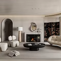 Elegant Modern Living Dining Room Interior With Beige Sofa Fireplace Round Coffee Table And Archway