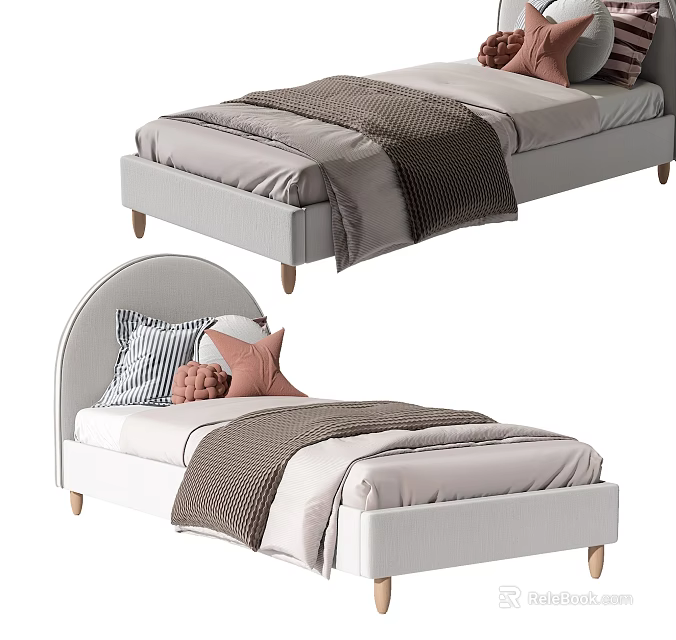 Modern Single Bed With Curved Headboard Grey Frame Striped Pink Beige Pillows And Brown Blanket 3d model 