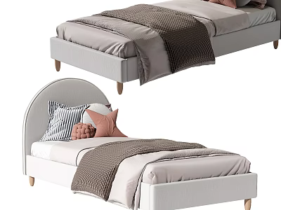 Modern Single Bed With Curved Headboard Grey Frame Striped Pink Beige Pillows And Brown Blanket 3d model