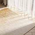 Square Carpet With Neutral Tones Striped Texture On Wooden Floor By White Curtains Under Sunlight