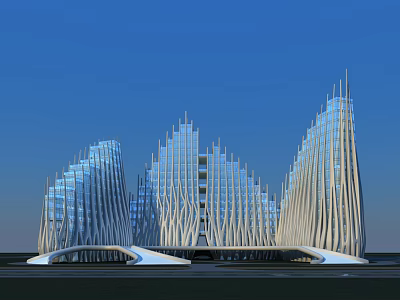Modern Architectural Office Building With Glass Facade And Unique Spire Structures 3d model