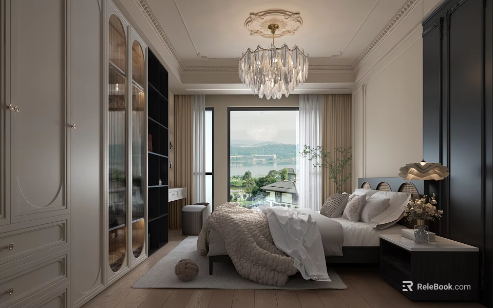 Luxurious Bedroom Interior Design With Chandelier King Bed And Scenic Window View 3d model 