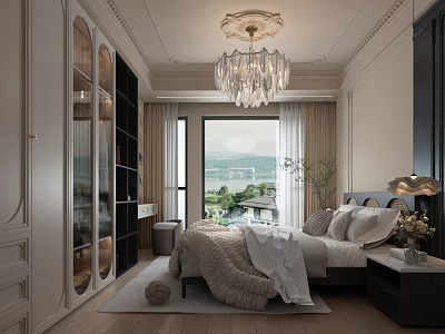 Luxurious Bedroom Interior Design With Chandelier King Bed And Scenic Window View 3d model