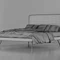 Modern Double Bed With Woven Headboard Black Frame And Striped Bedding 3d model