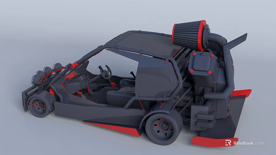 Black Red Race Car with Open Cockpit Racing Seats Turbo Fan And Rear Spoiler Design 3d model 