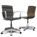 Two Modern Office Chairs With Gray Leather And Wooden Backrest Metal Frame Swivel Casters