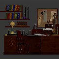 Elegant Mahogany Desk Setup With Bookshelves Table Lamp Magnifying Glass Folders And Papers