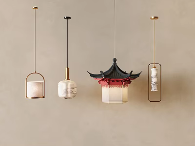 Stylish Pendant Lights With Traditional Chinese Roof And Modern Metal Frame Designs 3d model