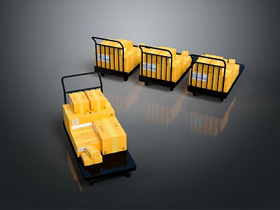 Multiple Yellow Boxes Stacked on Black Trolleys in Storage Facility View 3d model