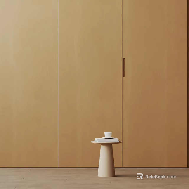 Minimalist White Side Table with Cup and Books Against Wooden Cabinet Background 3d model 