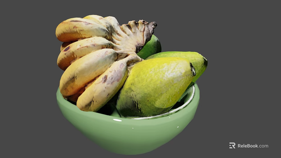 Ripe Yellow Bananas And Green Mangoes Placed In A Green Bowl On Gray Background 3d model 