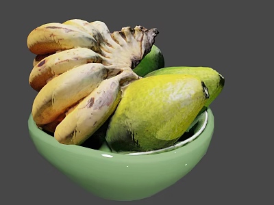 Ripe Yellow Bananas And Green Mangoes Placed In A Green Bowl On Gray Background 3d model
