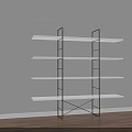 Modern Shelving Unit with White Shelves Black Metal Frame Against White Wall and Wooden Floor