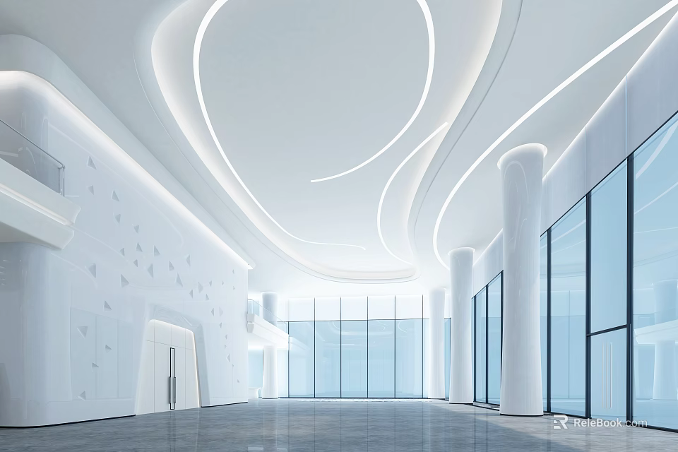Modern Reception Area Design Featuring Curved Ceiling Lights Glass Partitions And White Walls 3d model 