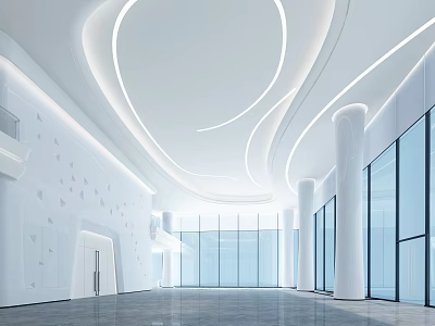 Modern Reception Area Design Featuring Curved Ceiling Lights Glass Partitions And White Walls 3d model