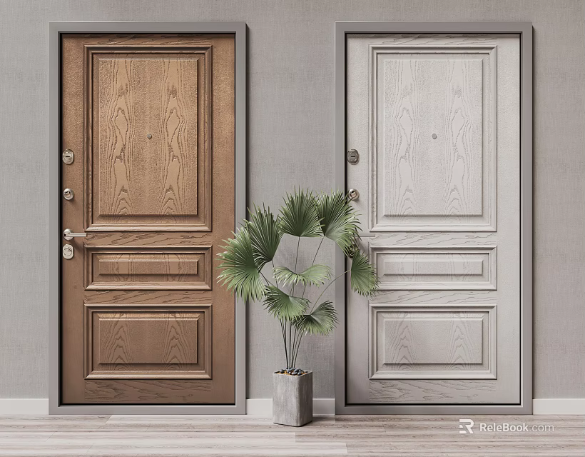 Two Colored Wood Grain Security Doors with Green Plant in Interior Setting 3d model 