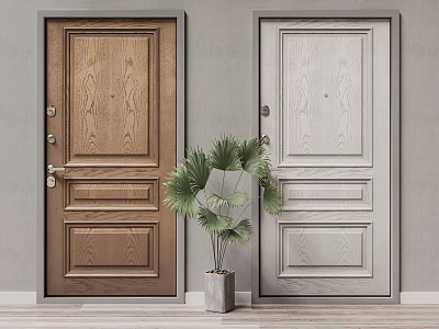 Two Colored Wood Grain Security Doors with Green Plant in Interior Setting 3d model