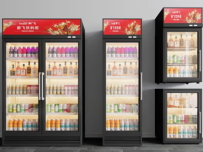 Commercial Display Refrigerators Filled With Various Bottled Beverages Glass Door Design And Red Black Exterior 3d model