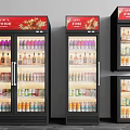 Commercial Display Refrigerators Filled With Various Bottled Beverages Glass Door Design And Red Black Exterior