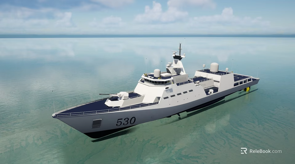 Modern Warship Number 530 With Radar Antennas And Hull Structure On Calm Sea 3d model 