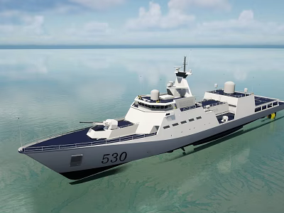 Modern Warship Number 530 With Radar Antennas And Hull Structure On Calm Sea 3d model