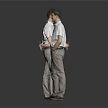 Man In White Shirt Khaki Pants With Brown Shoes Front Back View Holding Paper