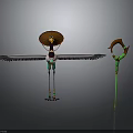 Anthropomorphic Bird Character With Wide Brimmed Hat Long Neck And Wings Beside Green Brown Staff