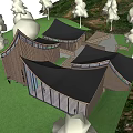 Modern Curved Architectural Building With Wooden Glass Structure Green Lawn Trees And Hillside Background