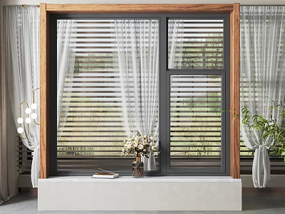 Cozy Bay Window Seating Area With Sheer Curtains And Vase Flowers On Windowsill 3d model