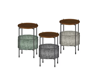 Modern Side Tables Set of Three with Wooden Tops Metal Legs and Green Gray Fabric 3d model