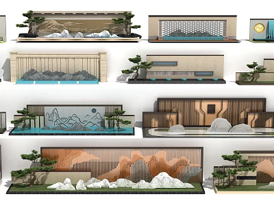 Chinese Style Scenic Wall Decor With Rock Formations Pine Trees And Water Features 3d model