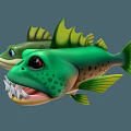 Two Green Cartoon Fish With Big Eyes Yellow Fins And Sharp Teeth