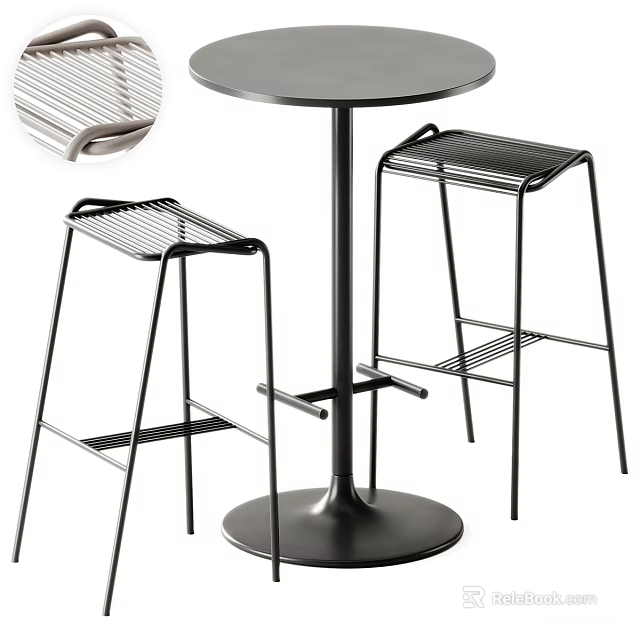 Modern Black Metal Bar Stools With Grid Design And Round Pub Table 3d model 