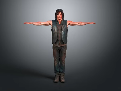 A Man With Arms Outstretched Wearing Black Vest Dark Pants And Boots On Gray Background 3d model
