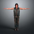 A Man With Arms Outstretched Wearing Black Vest Dark Pants And Boots On Gray Background