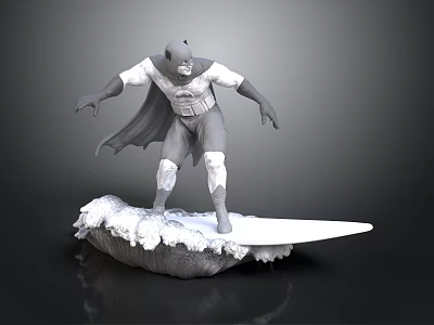 3D Superhero Figurine With Cape Costume Standing On Wave Surfboard Base 3d model