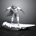 3D Superhero Figurine With Cape Costume Standing On Wave Surfboard Base