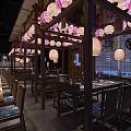 Japanese Style Restaurant Interior Featuring Wooden Tables Chairs Hanging Lanterns Colorful Banners And Wine Shelves