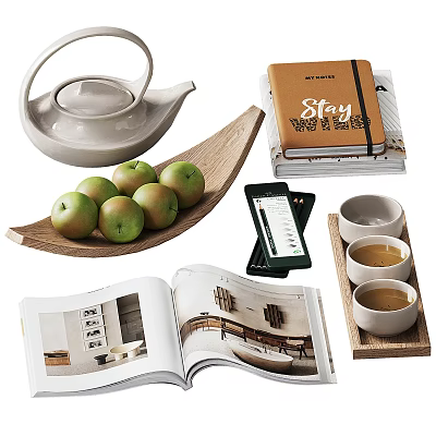 Decorative Ornaments Set With White Teapot Green Apples Open Book Brown Notebook And Wooden Tray 3d model